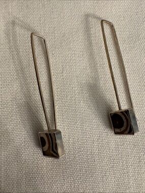 Minimalist Silver Drop Earrings with Mokume Cubes